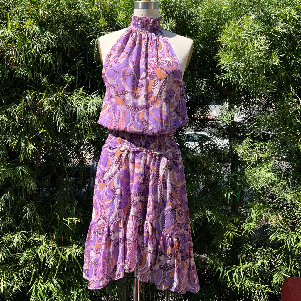 A.L.C. Dress, Size 4, Purple With Tan, Darker Purple And Cream Leaf Pattern
